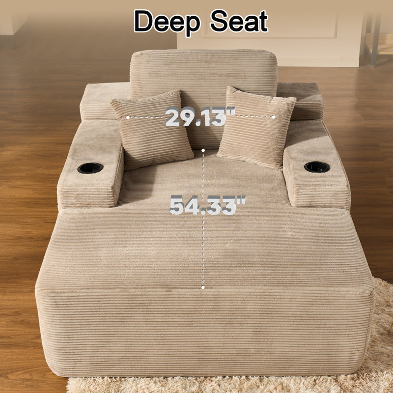 Méridienne surdimensionnée rembourrée de 66,78 po avec coussin Nathasa, Velours côtelé brun clair