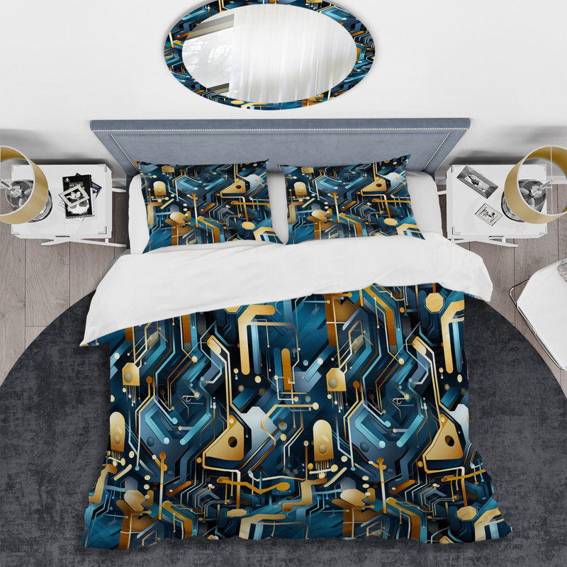 Blue Matrix Geometric Reflections - Ensemble de housse de couette géométrique