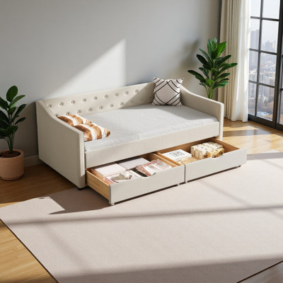 Daybed With Drawers Upholstered Tufted Sofa Bed, With Button On Back And Piping On Waved Shape Arms