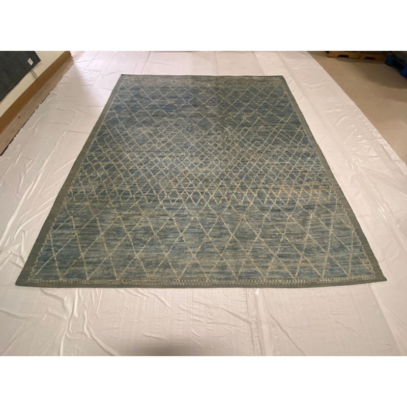 Tapis unique noué à la main bleu / ivoire 8 pi 4 po x 9 pi 7 po