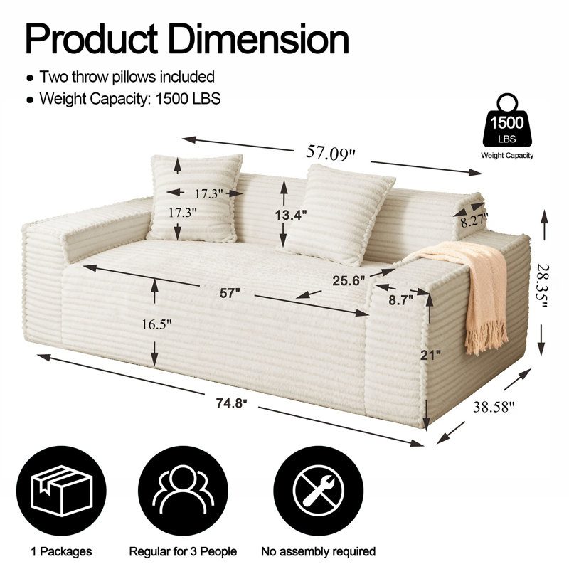 2-Seater Small Apartment Sofa, Corduroy, Skin-Friendly, Scratch-Resistant, Easy To Clean, Memory Foam, Ergonomic Wide Armrests, 2 Pillows, Multi-Color Optional, Compressed Packaging, Ready To Use Out Of The Box, Suitable For Renting, Small Living Room