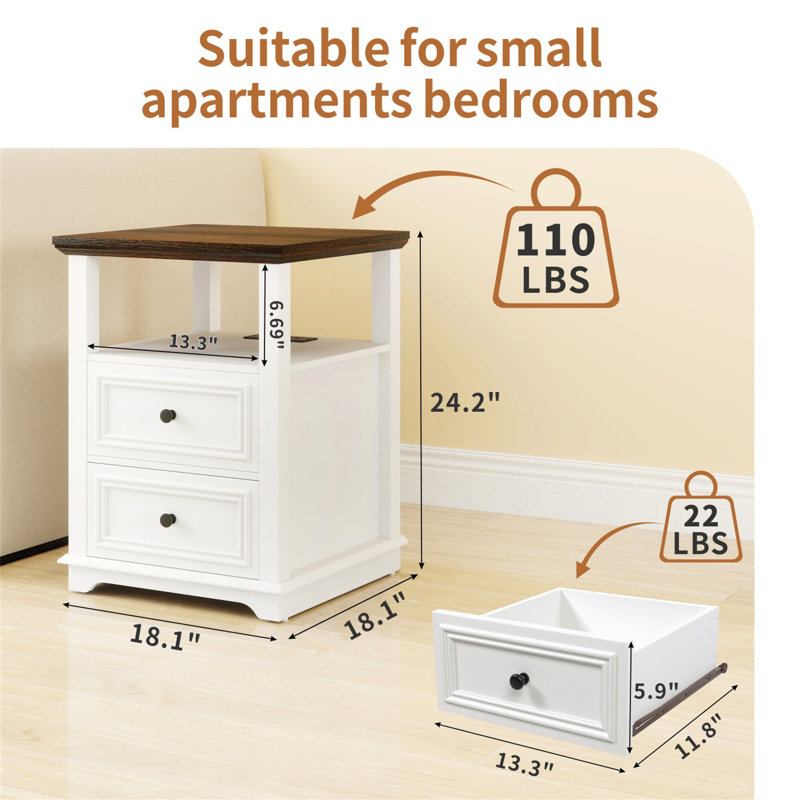 18"Farmhouse Wood Nightstand With Charging Station, Drawers & Open Shelf - Modern Bedside End Table For Bedroom/Living Room