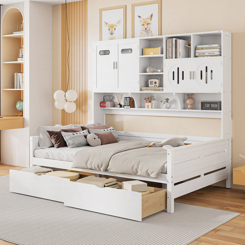  Latvina wooden daybed with storage and shelves, Simple, Blanc