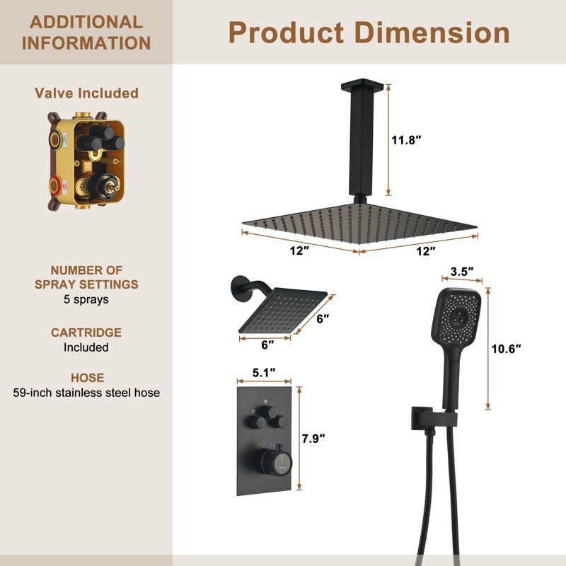 Système de douche thermostatique double à 3 fonctions avec 3 jets d'eau Rainfall Symphony, Noir mat