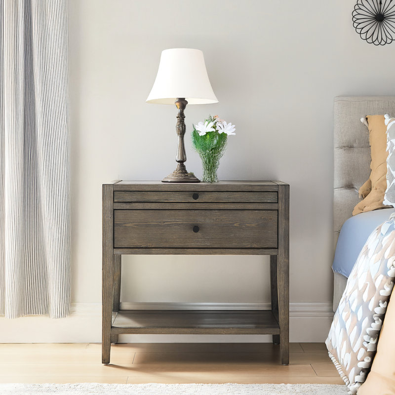 Gris, 1 table de chevet, système de conception de tiroir français, glissières latérales en métal, poignées noires, plateau coulissant, tablette ouverte, style côtier rustique décontracté, aucune conception d'assemblage requise, nécessaire