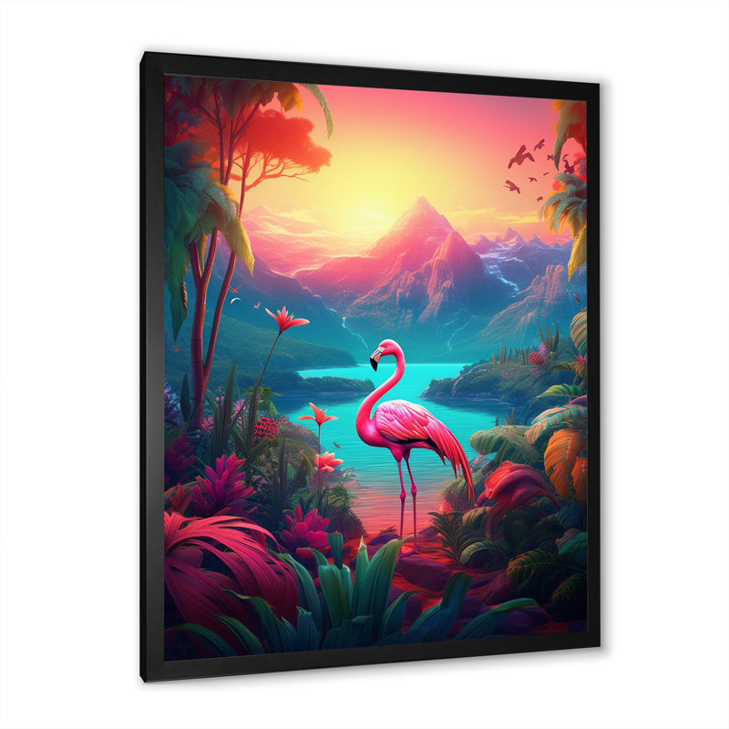 Flamant rose dans un paysage tropical - Art mural flamant rose, Cadre simple noir, H 20 po x l 12 po x P 1 po