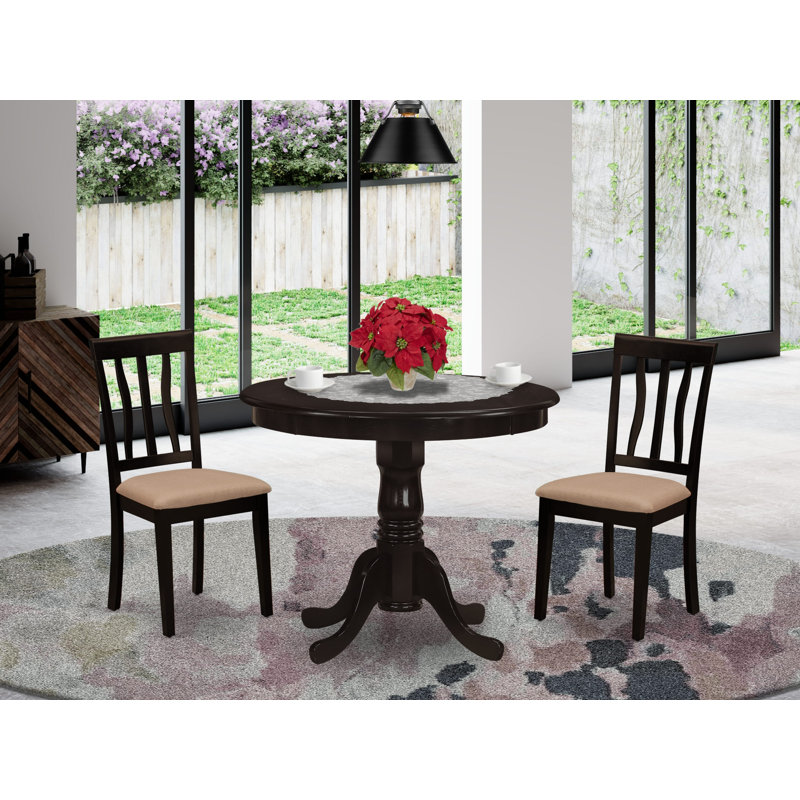 3 Piece Dining Room Table Set Contains a Round Kitchen Table with Pedestal and 2 Linen Fabric Dining Chairs, Cappuccino