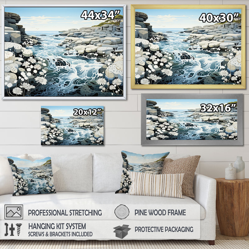 Décoration murale tempête bleue et blanche bord de mer Japon - plage et océan, Cadre flottant doré