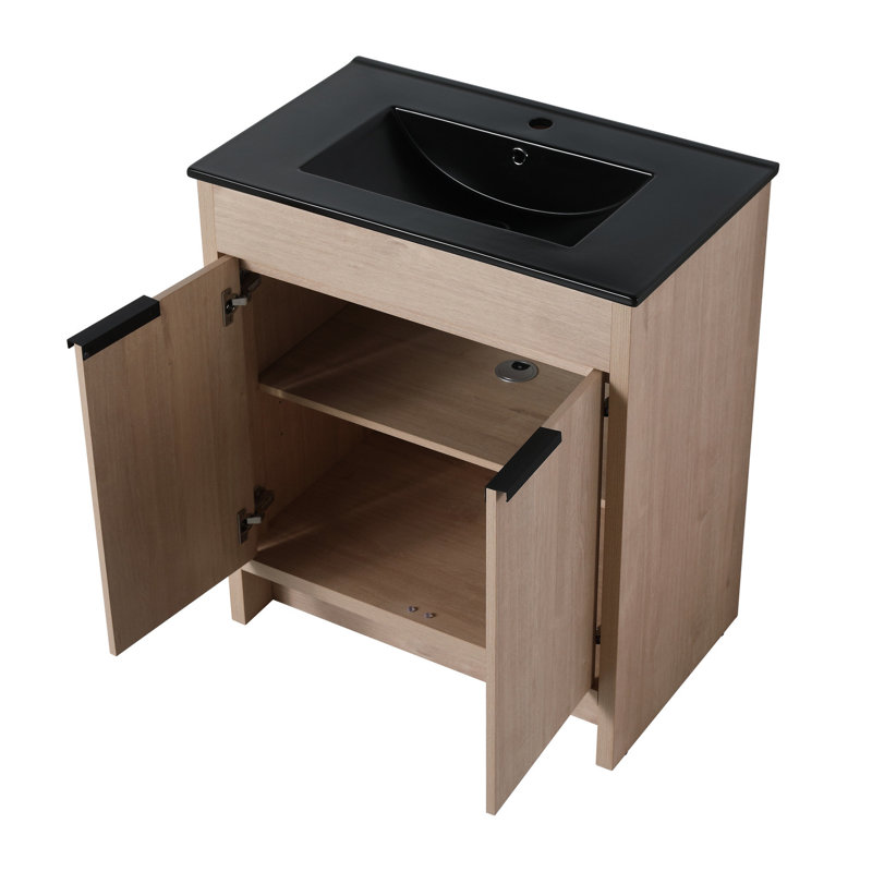 Meuble-lavabo de salle de bain 30 po autoportant avec céramique noire. 2 portes d'armoire à fermeture en douceur. Contreplaqué moderne. Évier de comptoir réglable en céramique.