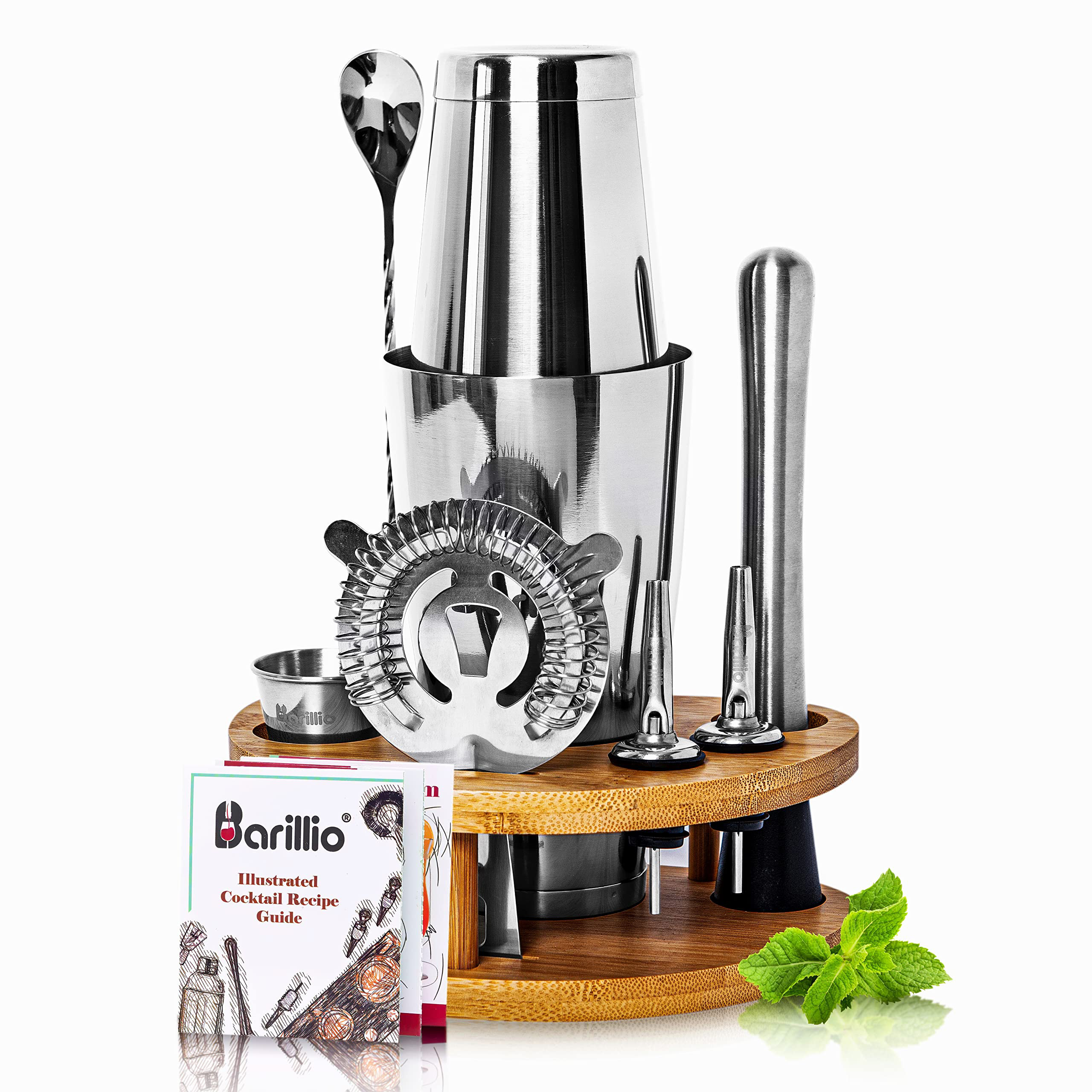 Barillio® Cocktail Shaker Set With Elegant Bamboo Stand (Silver) - Barillio