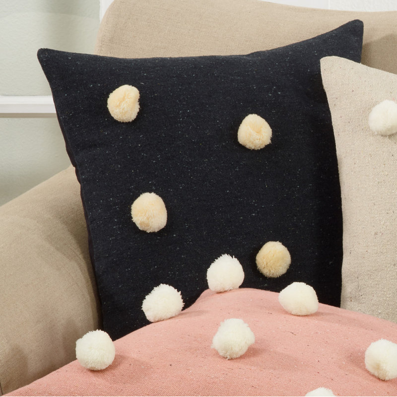 Pink Cotton Square Pom Pom Throw Pillow 22"