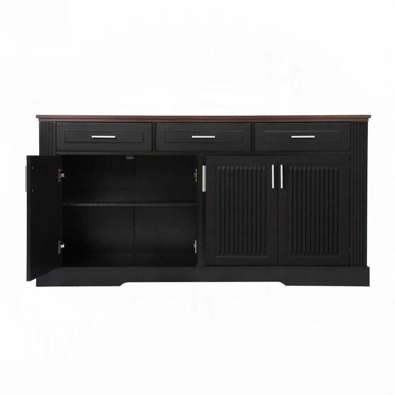 Buffet de style buffet cannelé de 63 po avec rangement, meuble-bar Farmhouse avec 4 portes et 3 tiroirs, console de rangement en bois pour la cuisine