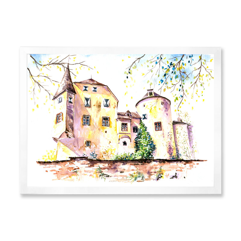 Château jaune rétro - peinture sur toile, H 24 po x l 32 po, Toile avec cadre blanc