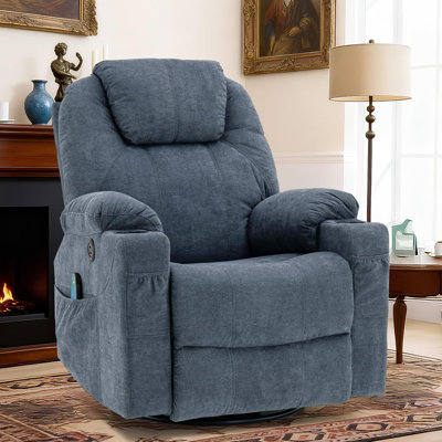 Epicozy Manual Swivel Rocker Recliner With Heat And Vibration, 360° Swivel Glider Massage Lounge Chair, Ergonomic Single Reclining Sofa With 2 Cup Holders Side Pockets & Usb Port, Bluish Gray