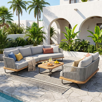 Louie Outdoor 6-Person Acacia Wood Conversation Set With Rope Woven & Slat Tabletop