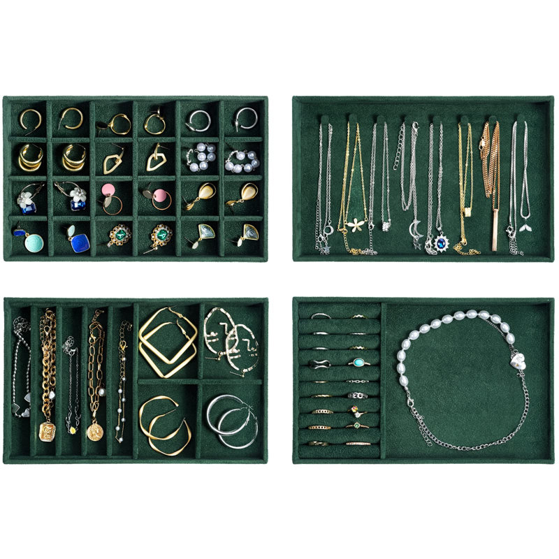 Plateaux de rangement empilables pour bijoux, inserts de tiroir à bijoux, boîte de rangement pour boucles d'oreilles, collier, anneaux et diviseurs amovibles - vert, 4 couches