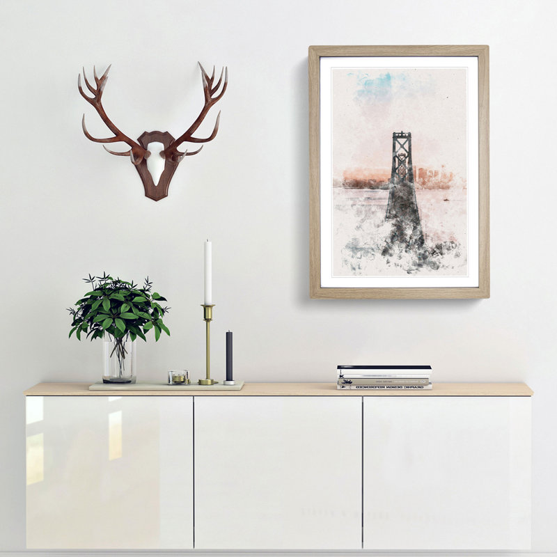Bridge In San Francisco Watercolour - Picture Frame Graphic Art, 33cm H x 24cm W x 2cm D, Oak Framed