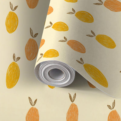 Papier peint adhésif peler et coller en PVC, revêtement mural auto-adhésif amovible avec poire, conception transparente de fruits orange, feuilles vertes, impression minimaliste, imperméable pour la décoration intérieure - Rouleau
