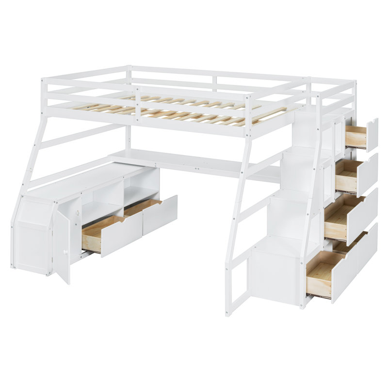 Lit mezzanine avec bureau, 7 tiroirs et 2 tablettes, Blanc, Double