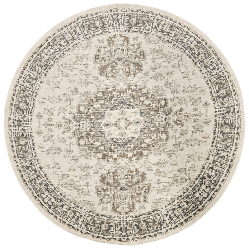 Nimoha Traditional Bordered Medallion Durable Performance Beige/Gray Area Rug, Round 7'10"