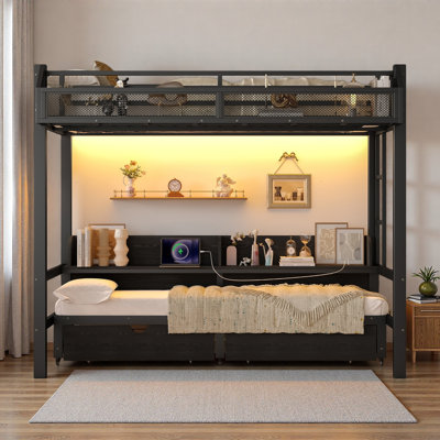 Lit superposé simple TG au-dessus de simple TG avec tablettes et tiroirs de rangement, lits superposés en métal multifonctionnels avec ports USB et lumières DEL, lit inférieur qui peut être converti en canapé