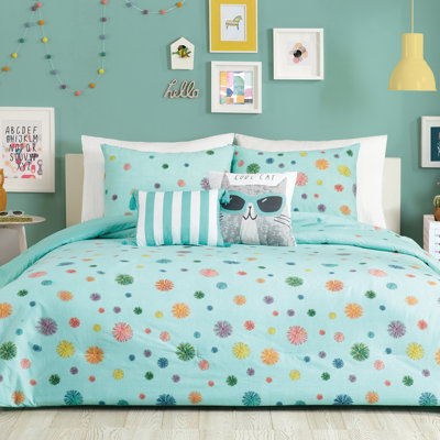 Raining Pom Poms Turquoise Comforter Set with 2 Decorative Pillows