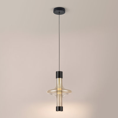 Eclipse Small Pendant Light - Amber Glass, Matte Black, Integrated LED, Adjustable Height