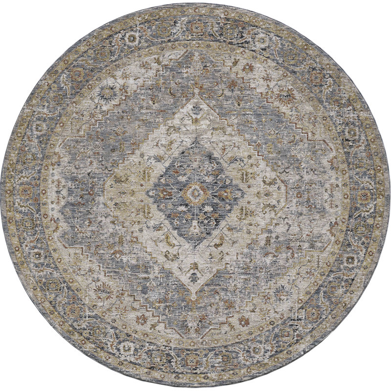 Tapis oriental en polyester tissé à la machine, Rond 7 pi 10 po, Bleu