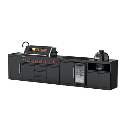 Îlot de cuisine extérieur modulaire 4 pièces VESTIVium - Barbecue au gaz à 6 brûleurs, armoire de cuisson Kamado, évier et réfrigérateur combinés, module de rangement, comptoir en granite noir Galaxy, acier inoxydable noir (NG)