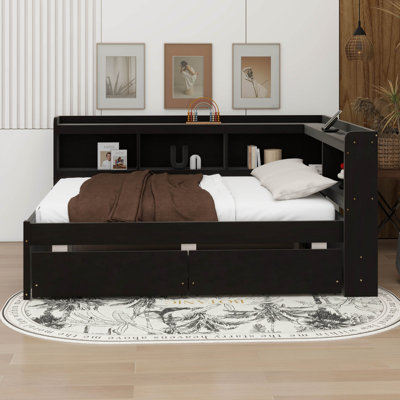 Full Size Daybed With Drawers, Solid Wood Corner Bed Frame With L-Shaped Bookcase by Red Barrel Studio
