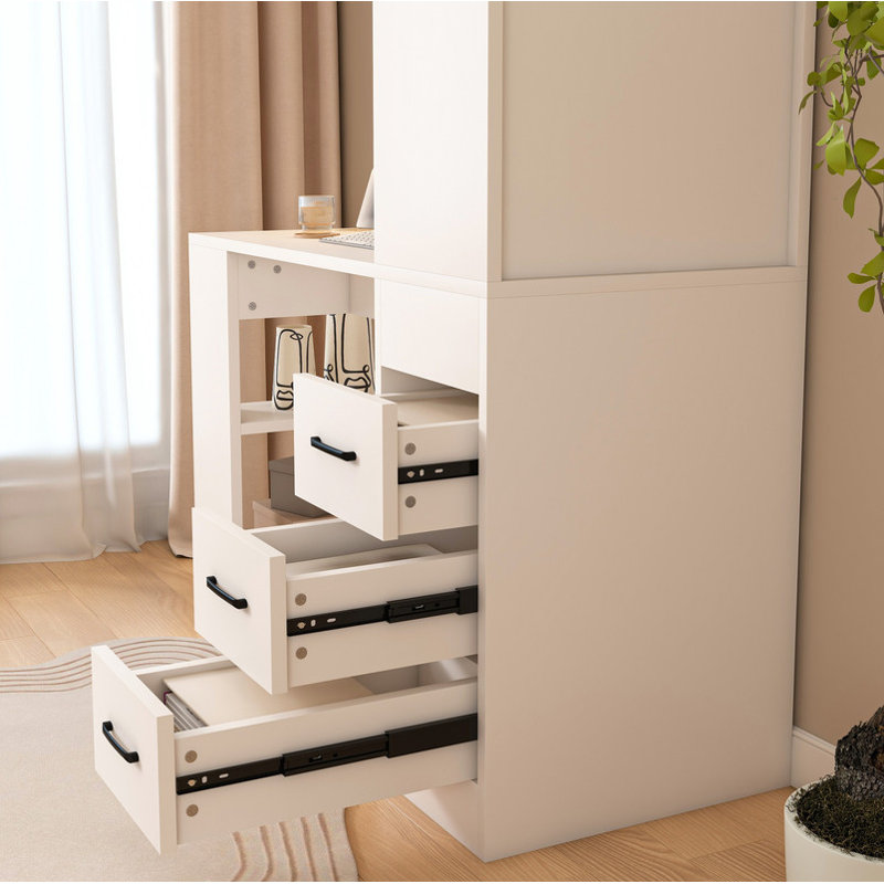 Bureau d'ordinateur blanc avec prise 4-en-1, bureau avec 3 tiroirs coulissants et 4 niveaux de rangement, le bureau en bois convient à une variété d'endroits