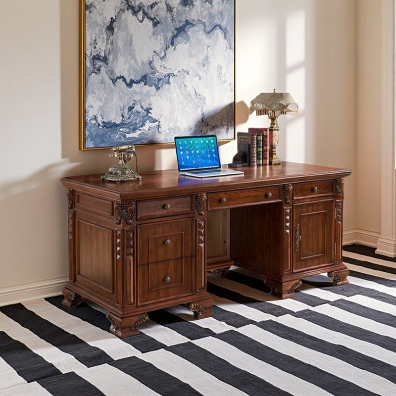 Bureau de style européen sculpté, H 30,71 po x l 62,99 po x P 31,5 po