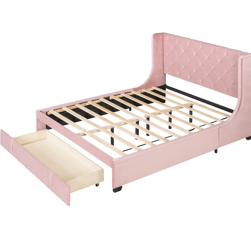 Lit rembourré en velours rose avec plateforme grand format et tête de lit à oreilles - Base stable, rangement relaxant à grand tiroir