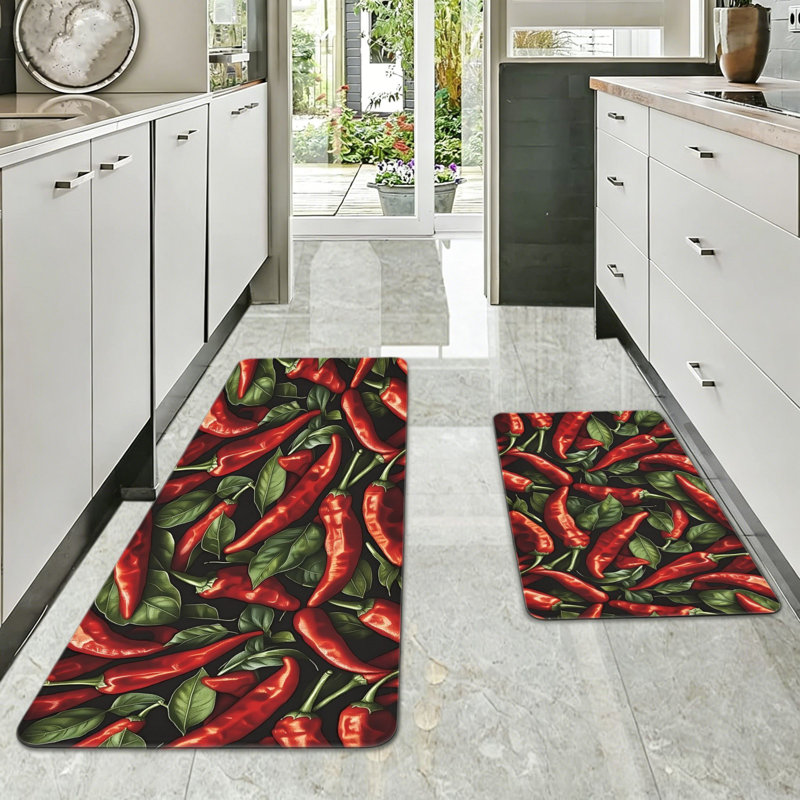 Red Chili Pepper Pattern Home Decor Kitchen Floor Mats 2 Pack Black