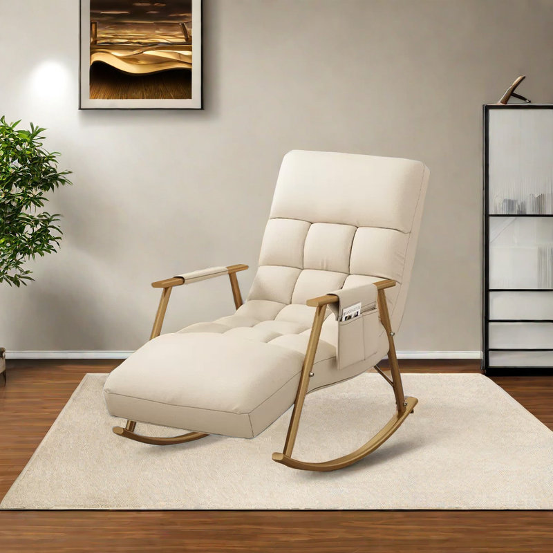 Chaise berçante réglable ergonomique en métal, Blanc cassé, Or