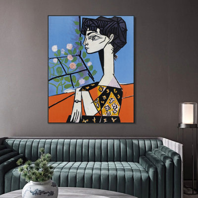 "Jacqueline" par Pablo Picasso, art mural impression sur toile encadrée, décorations de bureau à domicile (parchemin de couleur bois, 18 po x 24 po)