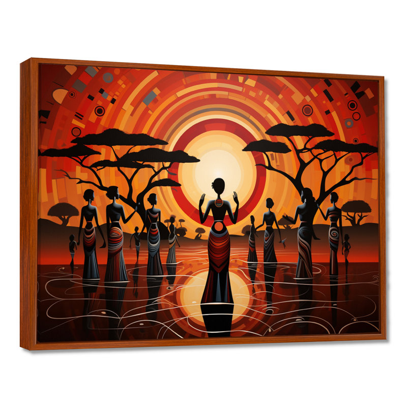 Célébration sacrée de la pleine lune tribale - art mural africain, salon, Toile avec cadre flottant brun