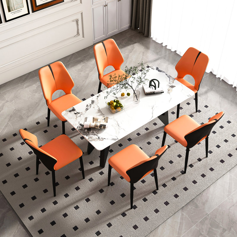 Table de salle à manger rectangulaire en marbre de 71 po pour 6 à 8 personnes, base en acier inoxydable, 6 chaises, haute performance avec base robuste et facile à nettoyer