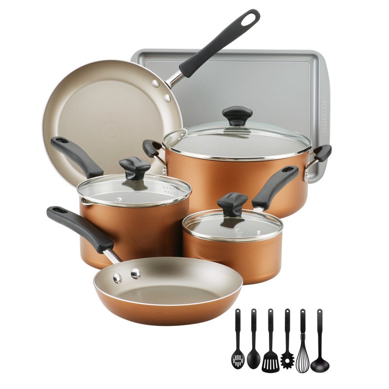 Farberware 15-Piece Blue Aluminum Nonstick Cookware Set with Plastic Handles