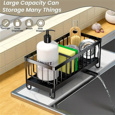 Porte-évier de cuisine, porte-éponge en acier inoxydable avec plateau de drain amovible, cloisons amovibles, support à vaisselle et égouttoir à brosse, organisateur de cuisine pour rangement de l'évier