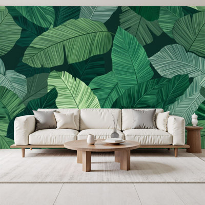Papier peint adhésif à motif de feuilles vertes tropicales avec textures variées et abat-jour vert H 69 po x l 96 po, papier peint amovible en PVC autocollant pour chambre à coucher