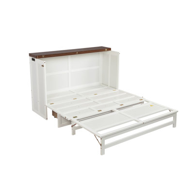 Murphy Bed Cabinet Queen With Storage Drawer And Charging Station, USB Port, Solid Pine Murphy Bedframe For Home Office, Studio Or Guest Room