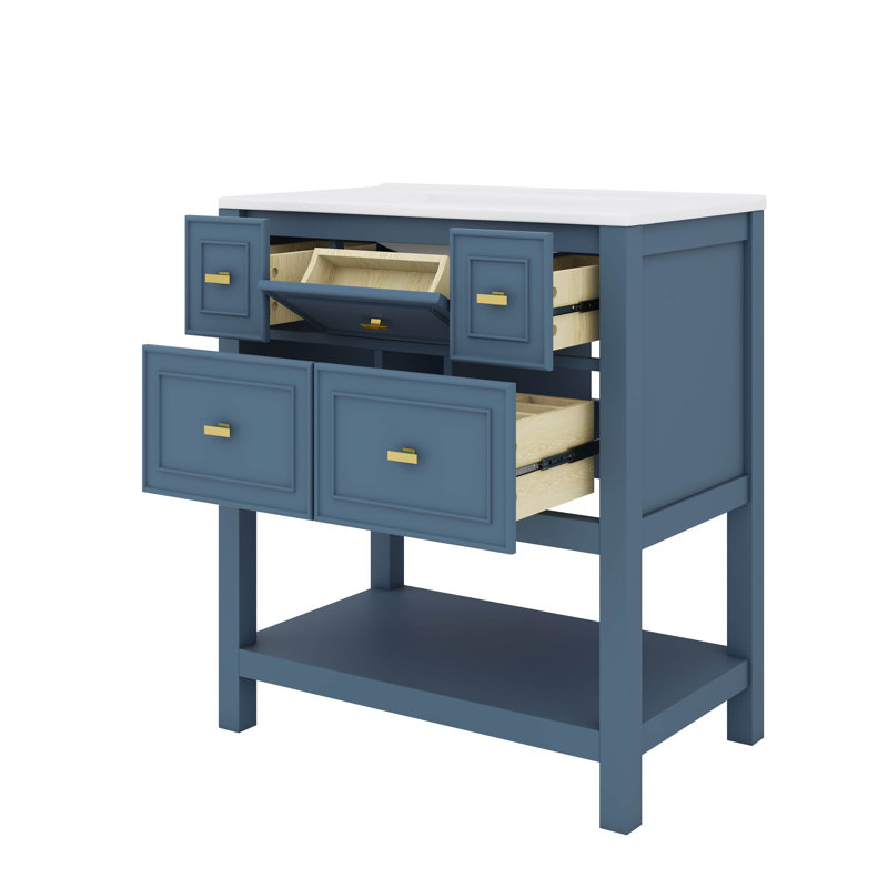 Meuble-lavabo de 30 po avec lavabo et armoire en céramique 5 tiroirs de rangement, Bleu
