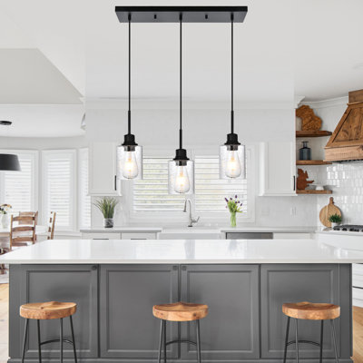 Lustre pour îlot de cuisine 3 lumières, luminaire suspendu moderne en métal avec abat-jour en verre ensemencé pour îlot de cuisine Bar Cafe.