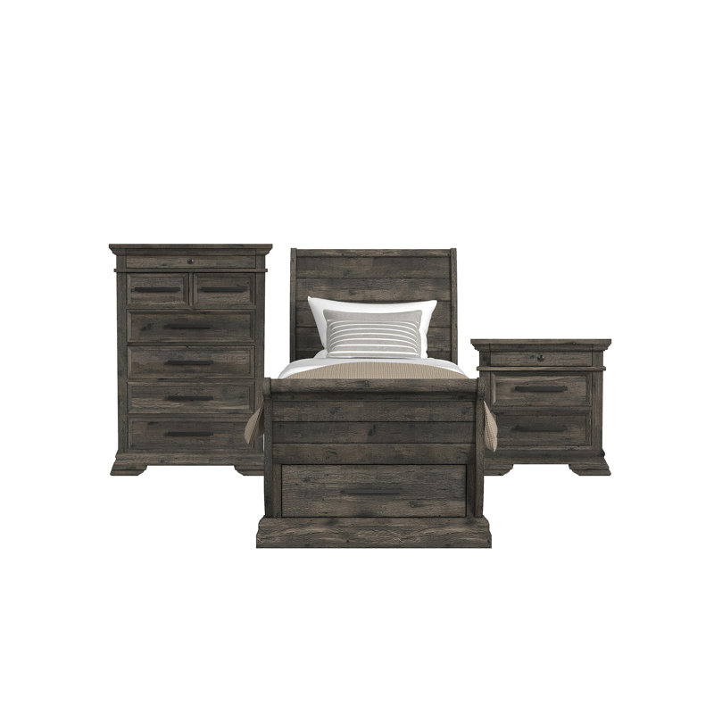 Genuta Sleigh Storage 3PC Bedroom Set In Charcoal, Twin