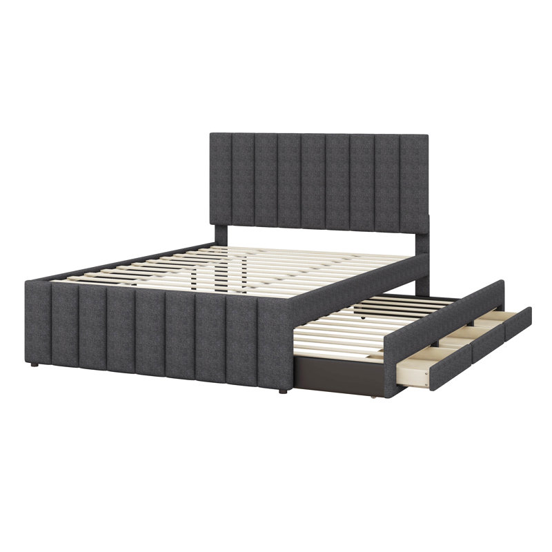 Full Size Upholstered Platform Bed With Trundle, 3 Drawers, Gray