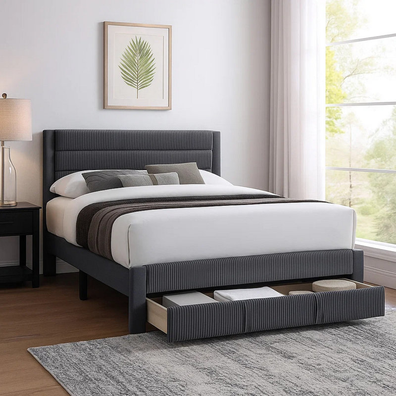 Daisy Full Bed W Drawer, Charcoal Gray Corduroy Upholstery, Foam, Charcoal Gray