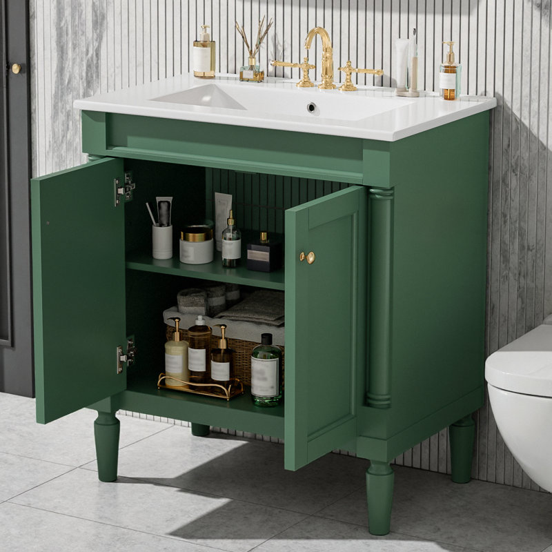 Meuble-lavabo de 30 po d'inspiration française | Portes à fermeture en douceur, pieds en bois massif, détails sculptés et boutons, lavabo en céramique avec robinet de 4 po