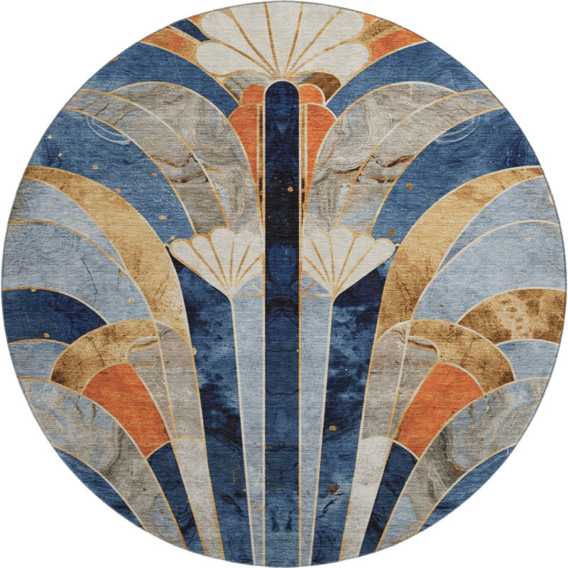 Tapis géométrique de qualité supérieure lavable à la machine Mayfield, Marine, Rond 8 pi