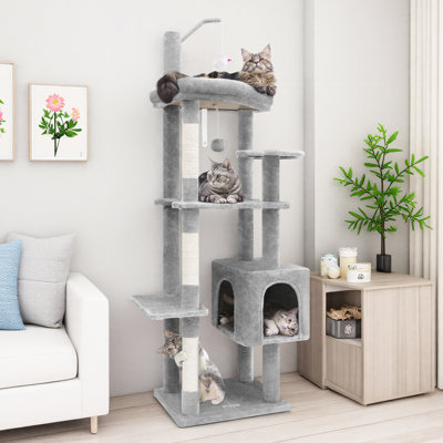 CT65F Adult Cat Tree Tower for Large Cats with Scratching Post and Detachable Toy Teaser